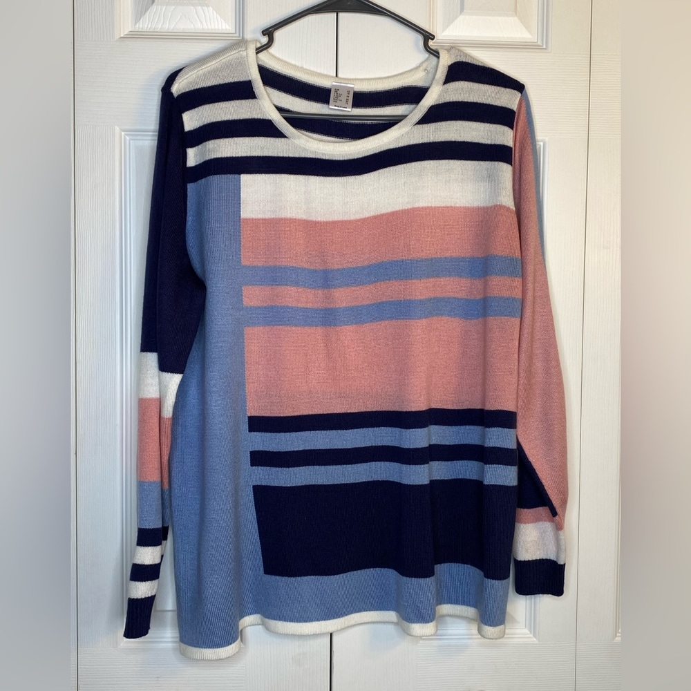 Women's Unbranded Color Block Sweater Blue Pink White Spring Long Sleeve Sz 10